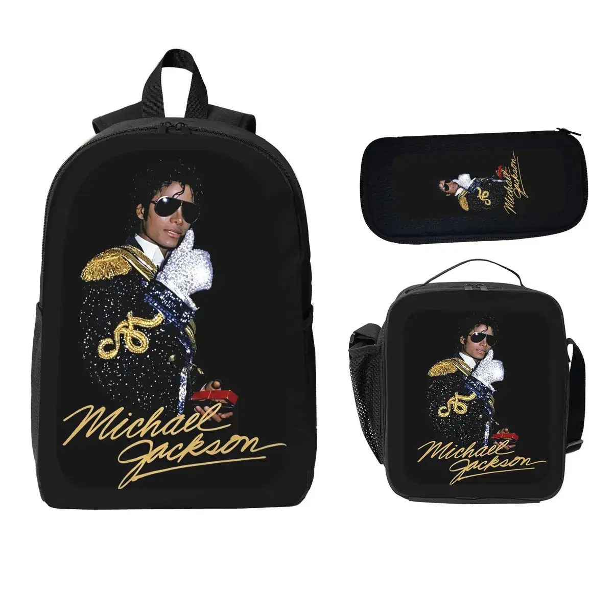 Michael Jackson Backpack Set Durable Polyester 3 Piece Bookbag Lunch Bag Pencil Case Lightweight Large Capacity Back To School Travel Daypack For Boys Girls Kids Teens Students Music Fans Viral Trendy Gift