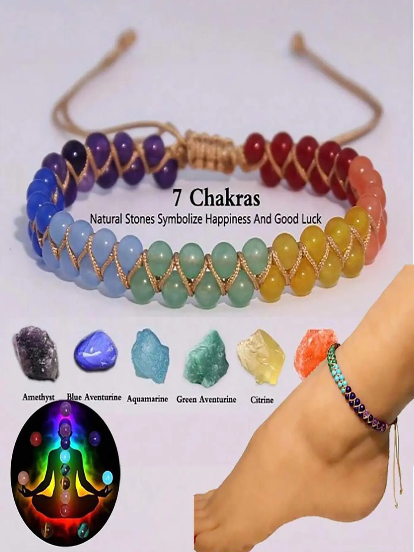 7 Chakra Bracelet & Anklet Set for Women, Lapis Lazuli, Amethyst & Carnelian Beads, Yoga, Meditation & Energy Healing Jewelry