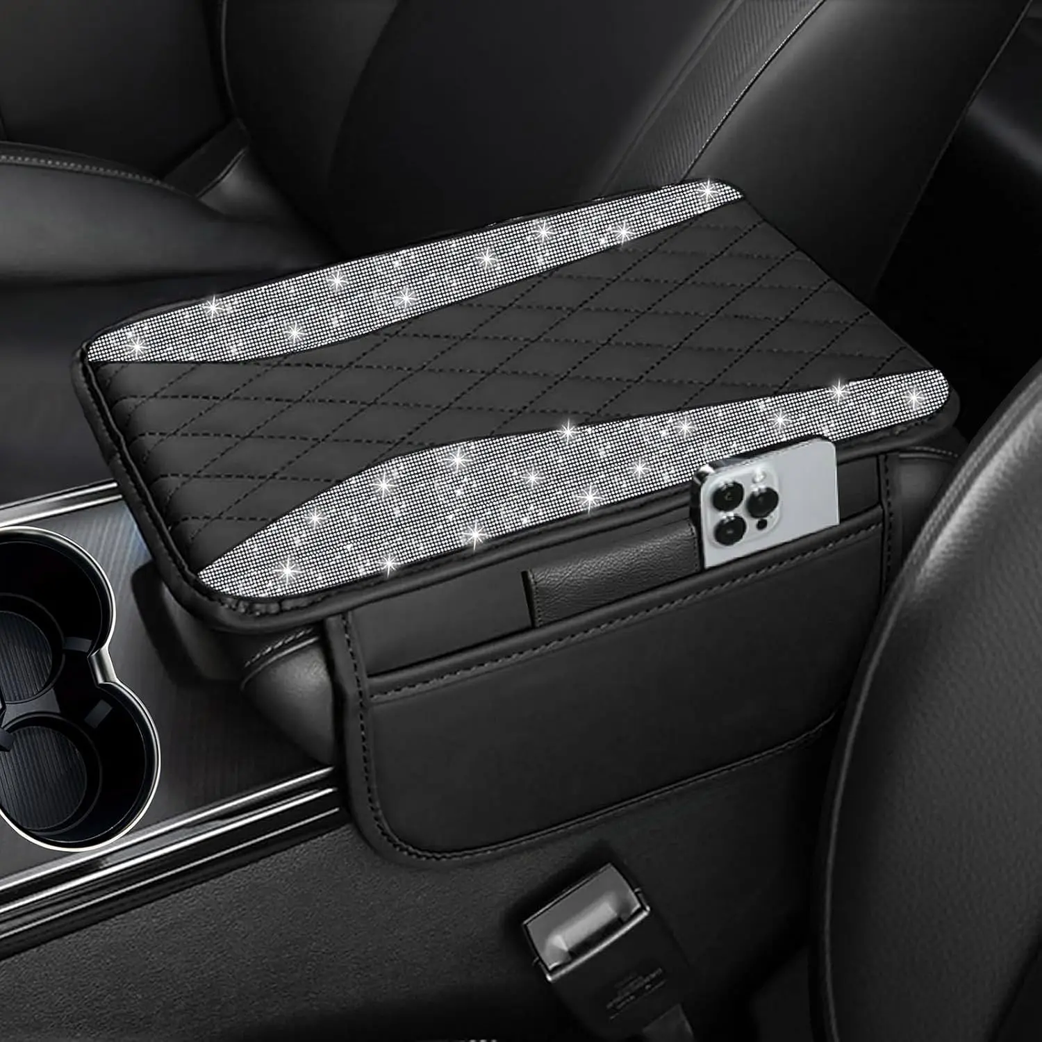 NBTEPEM Bling Car Center Console Cover, Leather Middle Console Cover with 2 Storage Bags, Universal Arm Rest Cover Protector, Bling Car Accessories Interior Fit for Most Vehicles