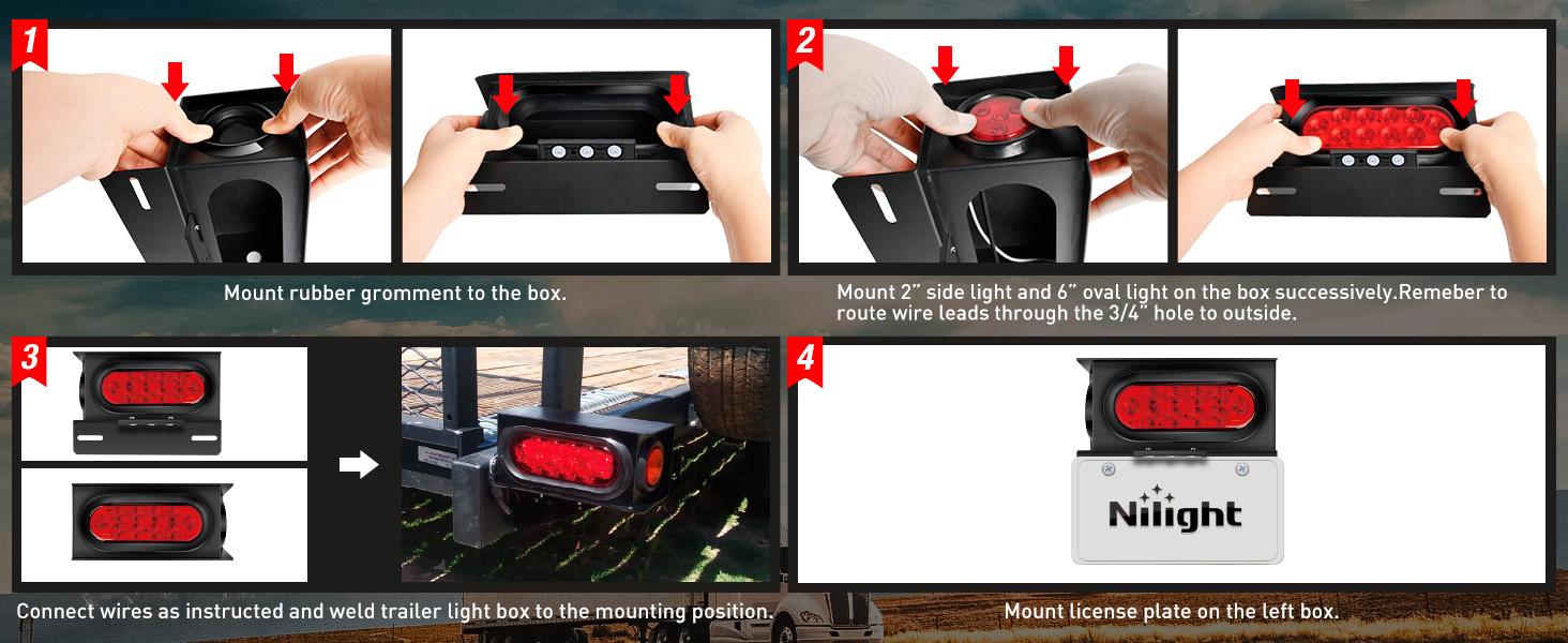 Nilight 2PCS Steel Trailer Light Boxes Housing Kit w/6Inch Oval Red LED Tail Lights 2 Inch Round Side Marker w/Grommet Plugs Wire connectors