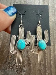 Navajo Turquoise Cactus Dangle Sterling Silver Earrings