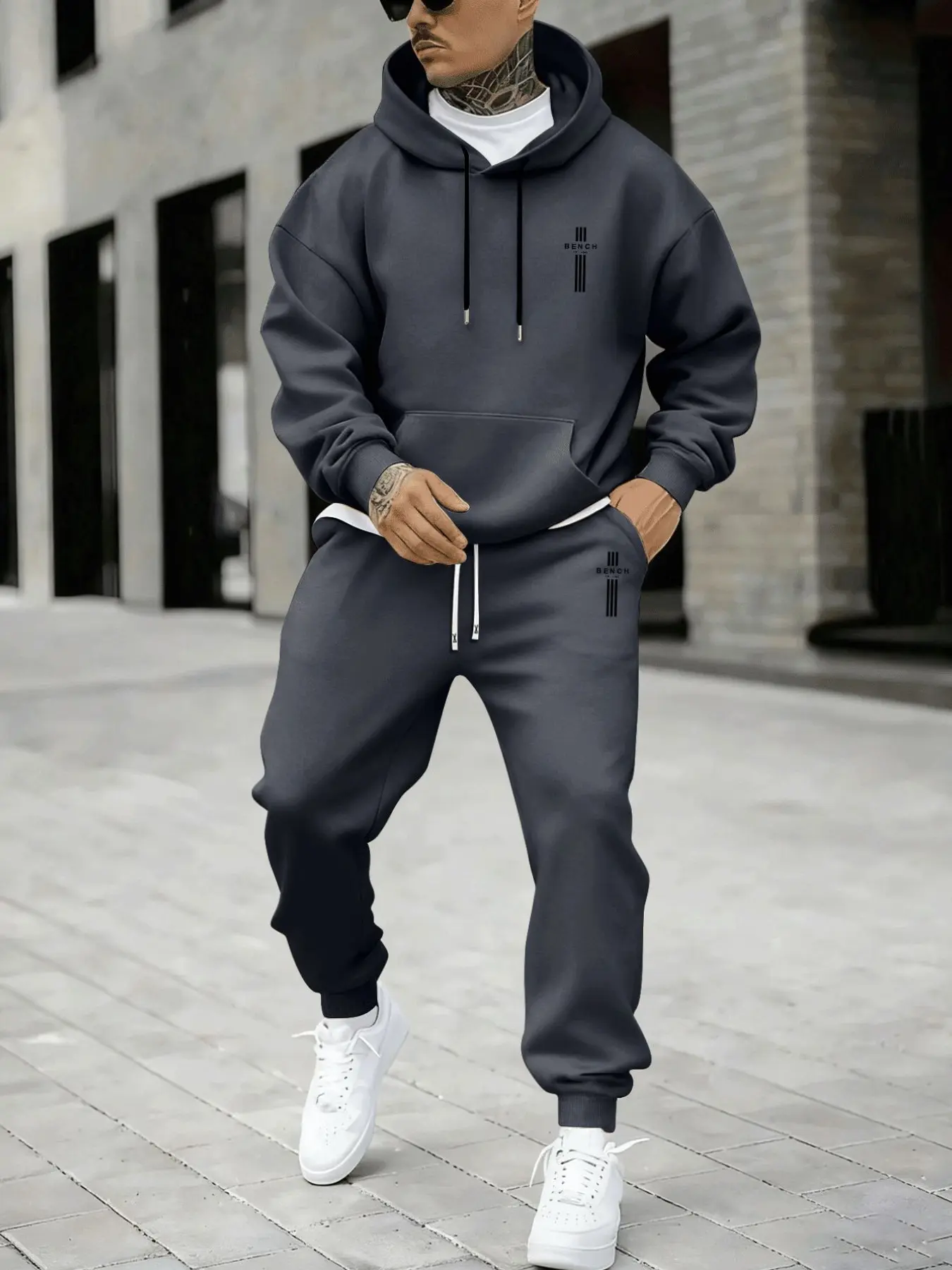 Men's Plus Size Letter Casual Drawstring Hoodie with Pockets and Sweatpants Set, Loose Fit, Micro-Elastic Fabric, Geometric Print, Long Sleeve, Fall & Winter, Menswear