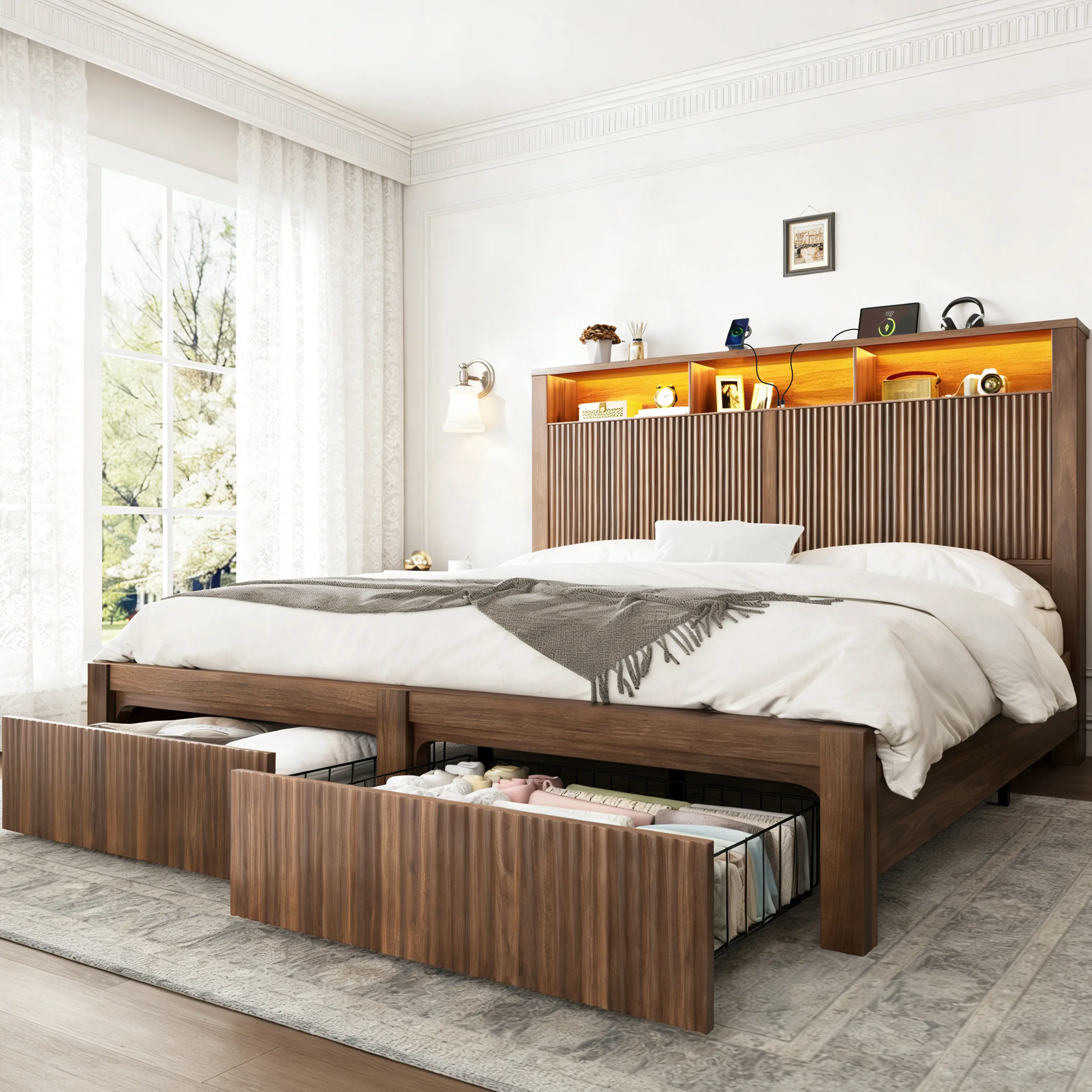 TryLazy Bed Frame with Storage Headboard & USB Charging Station  Noise Free No Box Spring Needed Easy Assembly Stabilized Support Silent Convenient Connected