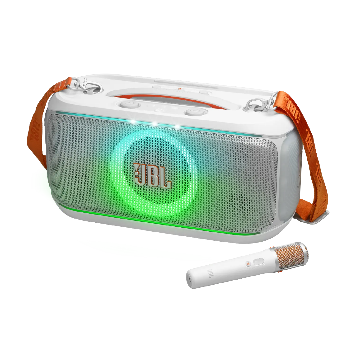 JBL PartyBox On-the-Go 2 Plus, Portable party speaker with real-time AI vocal removal, a wireless mic, powerful JBL Pro Sound, a dynamic lightshow, up to 15 hours of playtime, and a replaceable battery, plus a handle and shoulder strap