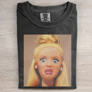 Shocked Barbie Doll Meme T Shirt, Surprised Barbie Face Graphic Tee, Dark Satire Doll Meme Shirt, Vintage Internet Aesthetic Tee, Washed Black Streetwear