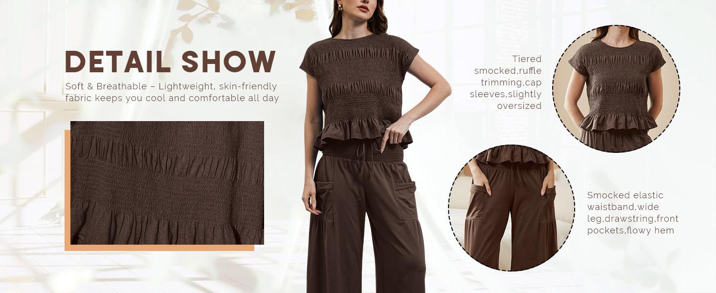 WoodBerry Women's 2-Piece Smocked Top & Wide-Leg Pants Set–High-Waisted Lounge  Outfit with Pockets Casual Boho Matching Set Minimalist Basic Crewneck Clothes Suits Fitted