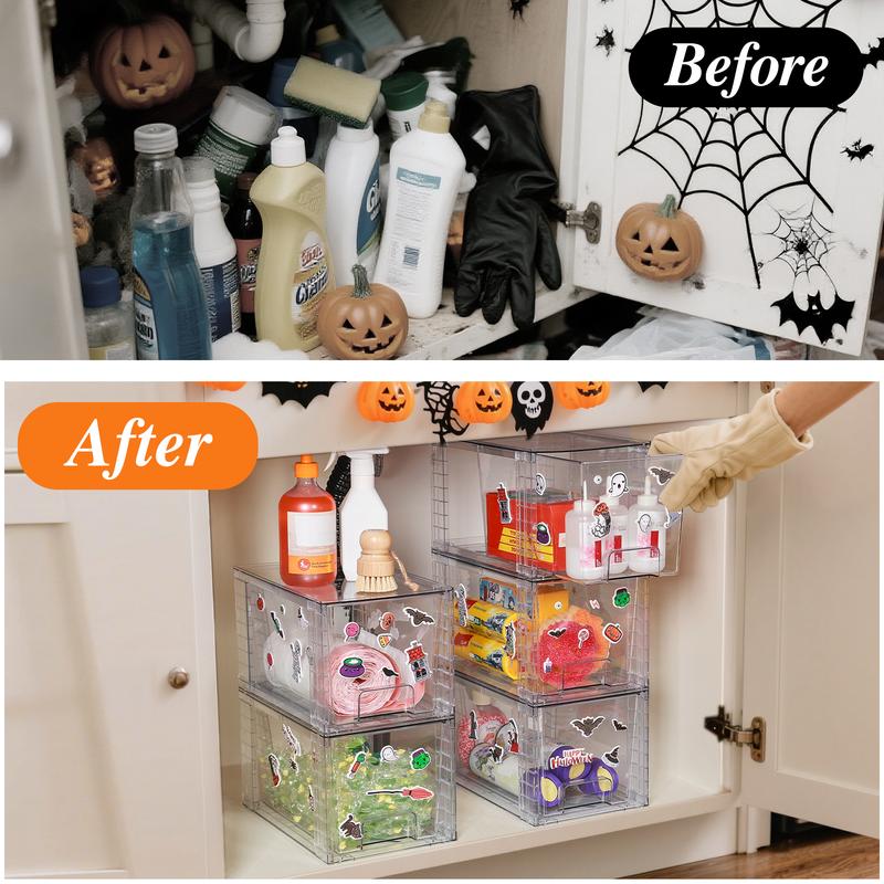 Vtopmart 6-8 Pack Stackable Storage Drawers with Stickers, Bathroom Undersink Organizers for Nursing Bottles,Closet,Cabinet,Pantry,Medicine Organization with Christmas Stickers, Valentines Gift Ideas