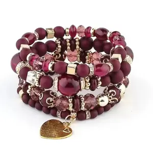 The Burgundy Bliss Stack - Elegant Beaded Bracelet with Gold Accents & Heart Charm for Women