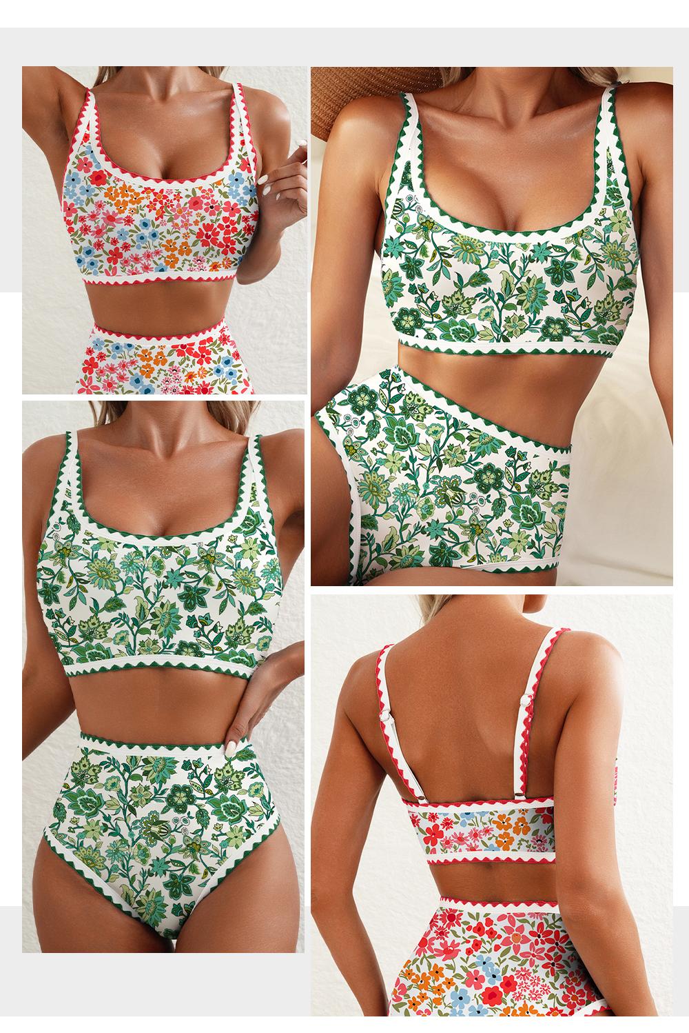 Aleumdr Women's Bikini Sets Floral Print Whip Stitch 2 Piece Swimsuits High Waisted Scoop Bathing Suits SpringStatements