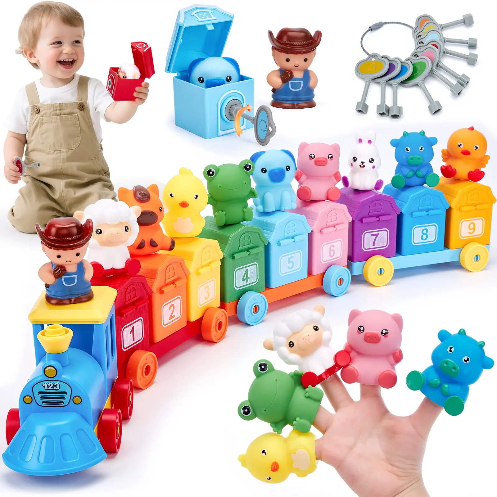 Hahaland Montessori Farm Train Multi Activity Playset - Toddler Counting Matching & Sorting Toy, Farm Animal Finger Puppets, Lock-Unlock Barn Keys, Magnetic Blocks for Toddlers, Preschool Learning Tool, Kids Toys Gift for 1-3 Year Olds, Toddler Toys