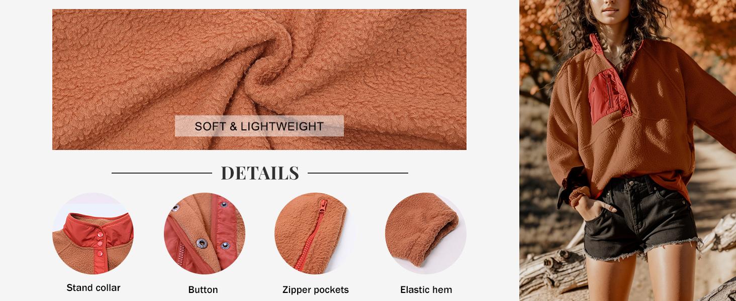 Mundoven Womens Fuzzy Fleece Pullover Sherpa Sweatshirt Long Sleeve Button Down Sweater Winter Fleece Jacket with Pockets Womenswear