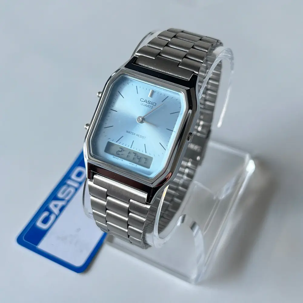 Casio Unisex Vintage Analog-Digital Watch AQ230A Classic Design Ice Blue Turquoise Blue Stainless Steel Bracelet