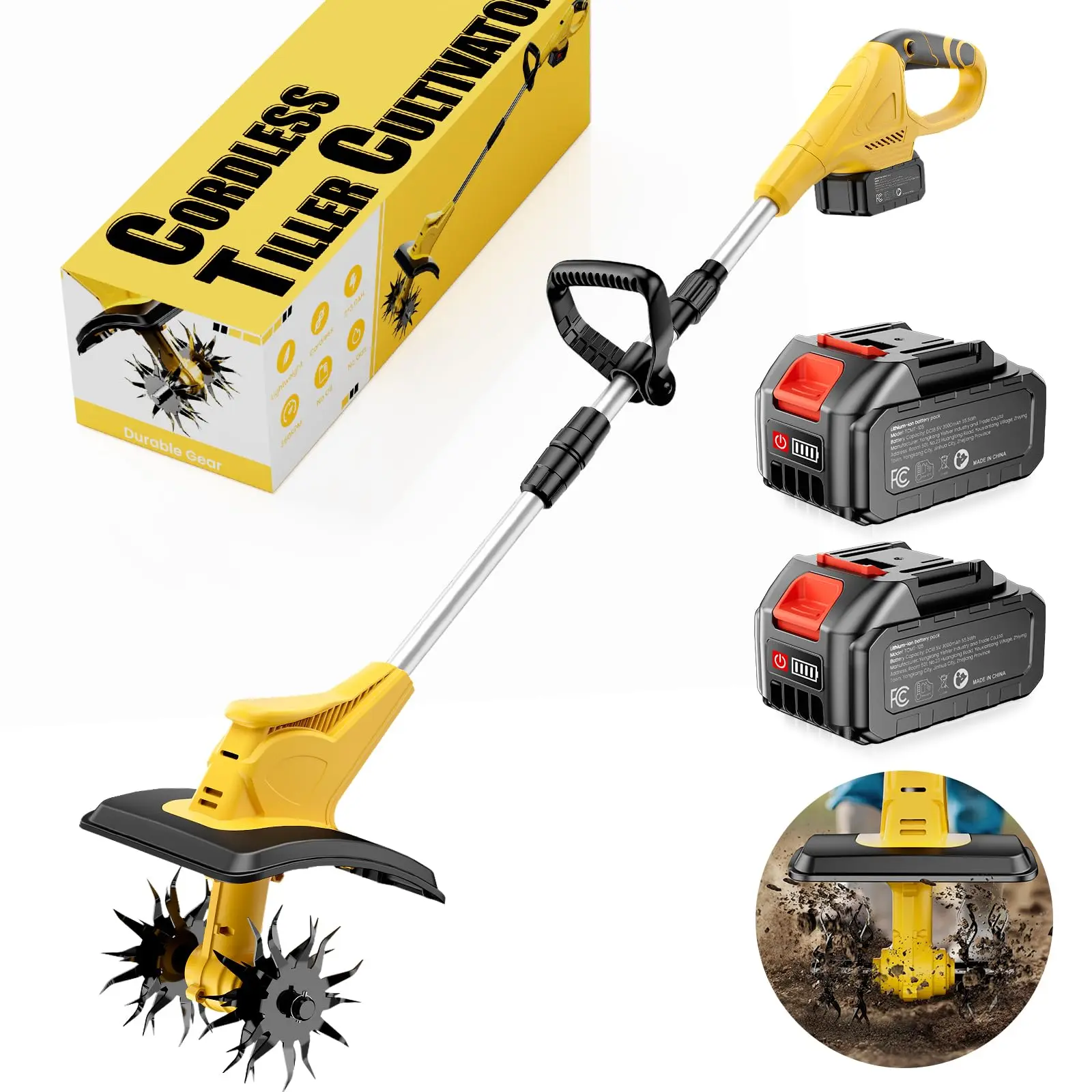 Jaylene 21V Cordless Tiller Cultivator with Handle, 360 RPM, 2×4.0AH Batteries & Charger, 9in Width, 6.3in & 6.6in Depths, 48 Steel Tines, Double Safety for Raised Beds, Lawn Cultivation