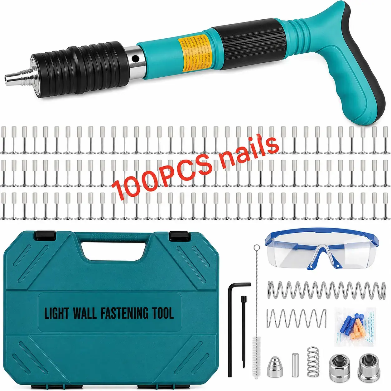 5 Gears Power Adjustable Manual Steel Nail Gun, Mini Portable Concrete Fastening Tool for Wall & Ceiling, Heavy Duty Industrial Rivet Gun Tool Kit with 100 Nails Included