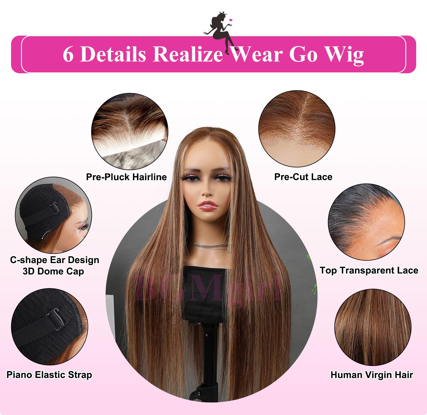 BGMgirl Brown Highlight Straight 6*4 Wear Go Glueless Pre Plucked Pre Cut Lace Closure Wig Glueless Pure Human Hair Wigs TikTokShopBlackFriday