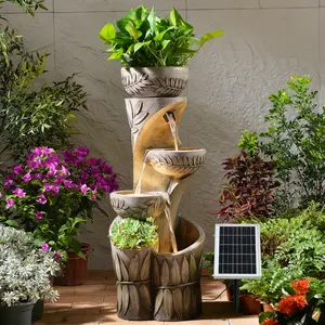 4 Tiered Solar Water Fountain Outdoor Garden, 35.6" Tall Cascading Bowl Leaf Carved Outdoor Waterfall Fountains Modern Water Feature with Dual Planters for Garden, Patio, Deck, Yard, Indoor Decor Outdoor Garden Fountain