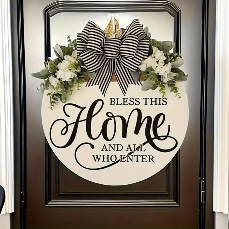 Floral Door Hanger with 'bless This Home' Welcome Sign, Rustic Charm Burlap Bow and Artificial Flowers, All-Season Front Door Decor, Porch Garden Decoration, Door Decoration, Floral Hanging Decoration, Year-Round Door Knocker, Outdoor Decorations