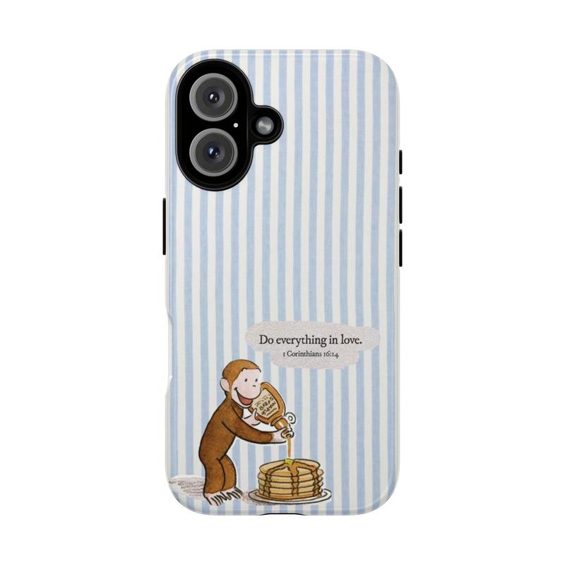 lsai Vintage Curious George Phone Case – Cartoon Monkey Pouring Syrup on Pancakes with Bible Verse "Do Everything in Love" on Blue Striped Background, Cute Protective Cover for iPhone 16 Pro Max 15 14 13 12 11 X, Samsung Galaxy S25 S24 S23 S22.8lsai