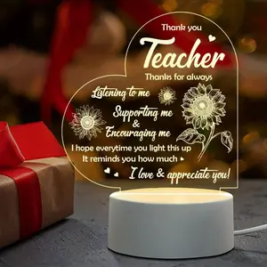 Thank You Teacher Heart Acrylic Night Light, Sunflower Engraved LED Lamp, Meaningful Gift for Teacher Appreciation Week, Retirement, Birthday, Back to School & Graduation lawn surprise Pink Valentine's Day Door Hanger Wreath small holiday decorative mini