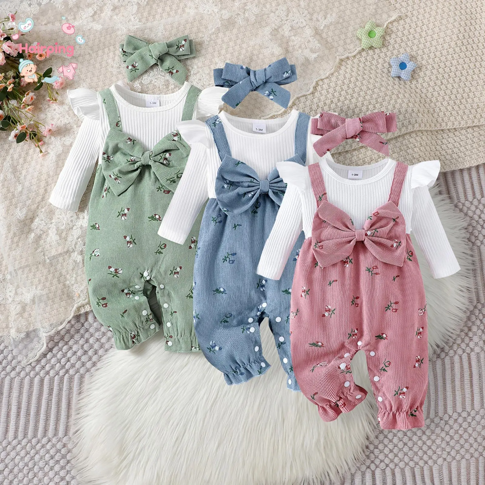 Baby Girl 3-Piece Corduroy Outfit Set - Long Sleeve Ruffle Newborn Outfits, Floral Suspender Infant Bodysuit, Bow Headband for Fall Winter Toddlers, Toddler Jumpsuit