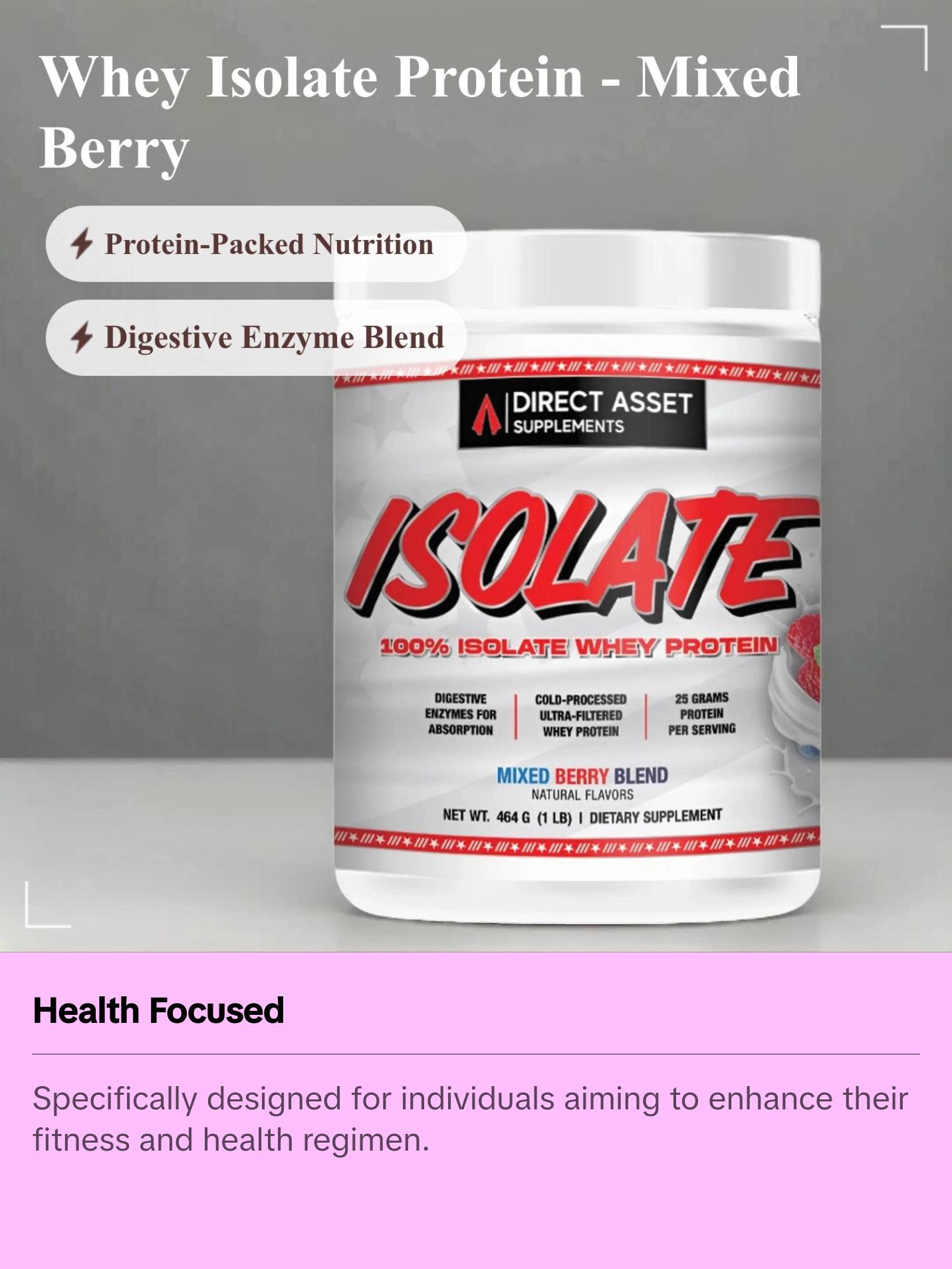 Direct Asset Whey Isolate Mixed Berry Protein 200g - Mixed Berry Blend for Dietary Supplementation, Ideal for Fitness and Health