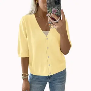 Imily Bela Womens Half Short Sleeve Cardigans Summer Lightweight Knit V Neck Button Down Casual Sweater Tops