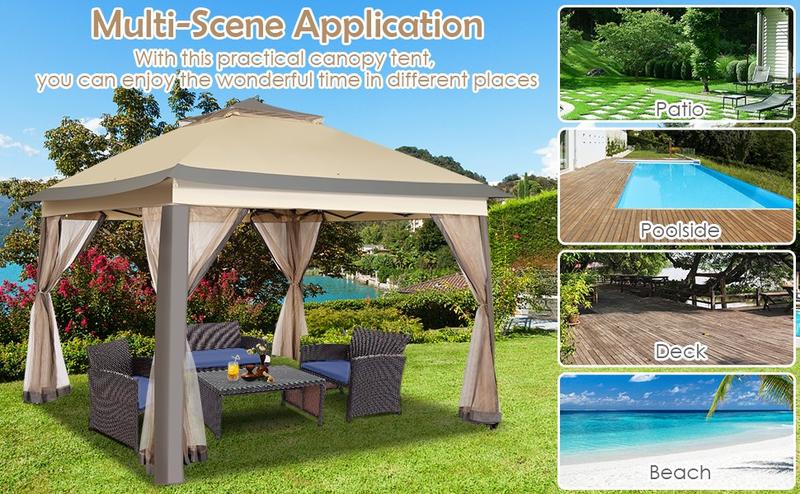 COSTWAY 11x11 Ft Pop up Gazebo, 2-Tier Patio Gazebo with Netting, Carry Bag, Easy Set up Outdoor Gazebo with 121 Square Feet of Shade for Backyard, Deck, Poolside