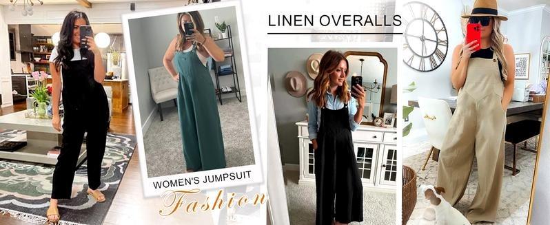 WoodBerry Women's Summer Cotton Linen Bib Overalls Sleeveless Adjustable Wide Leg Jumpsuits Casual Womenswear Loose Rompers with Pockets