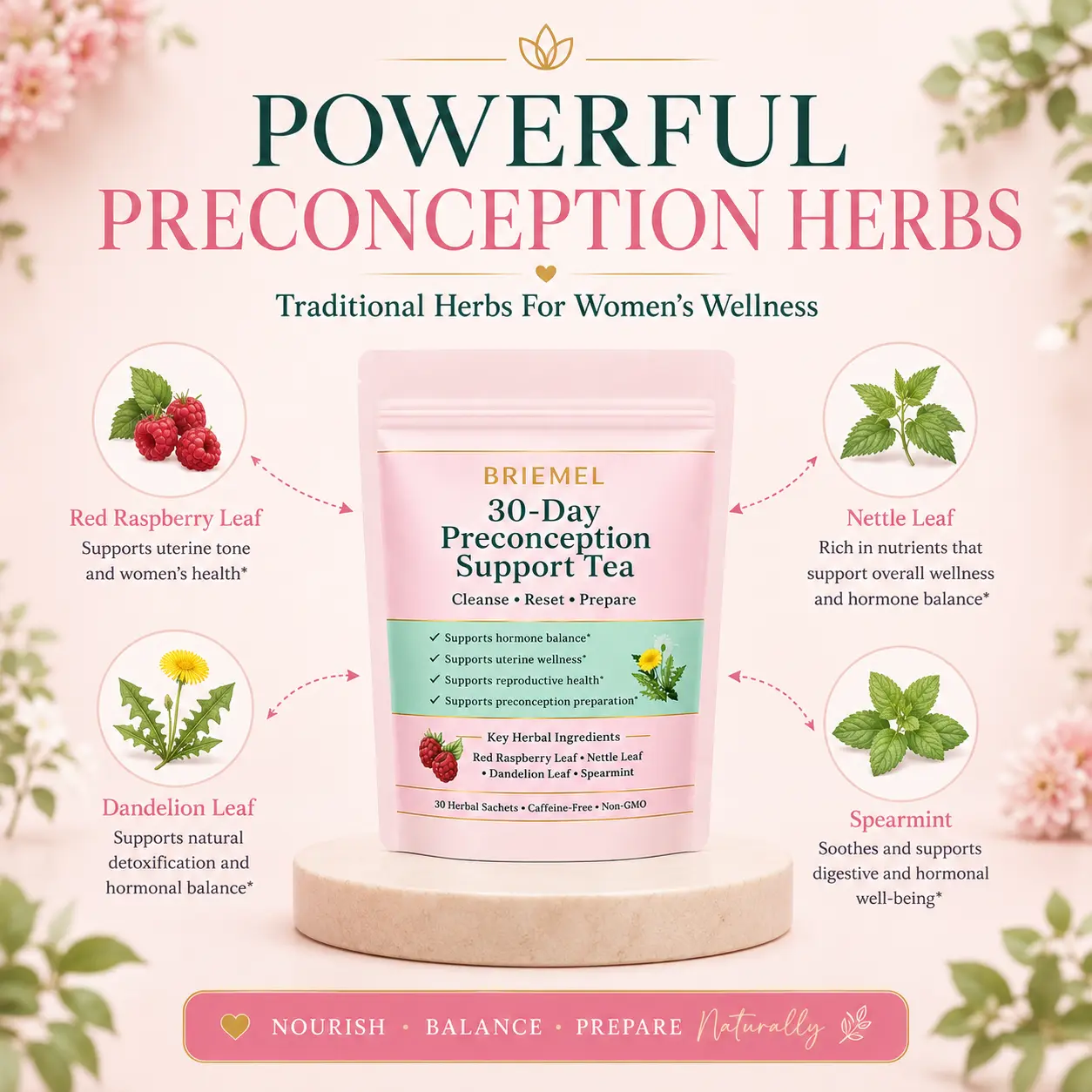 Natural Herbal Pre-Conception Fertility Beverage with Herbs & Botanical Extracts - 30-Day Supply Healthcare Supplement for Adult Women, Single Pouch, Hormone Balance, Stress Relief, Detoxifying
