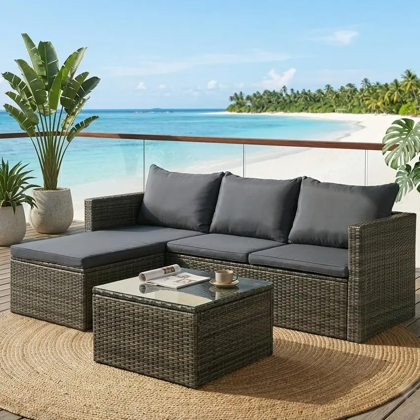 Walsunny 5 Piece Patio Furniture Set Outdoor Sectional Wicker Patio Furniture with Glass Table and Cushions, All-Weather Wicker Rattan, Grey