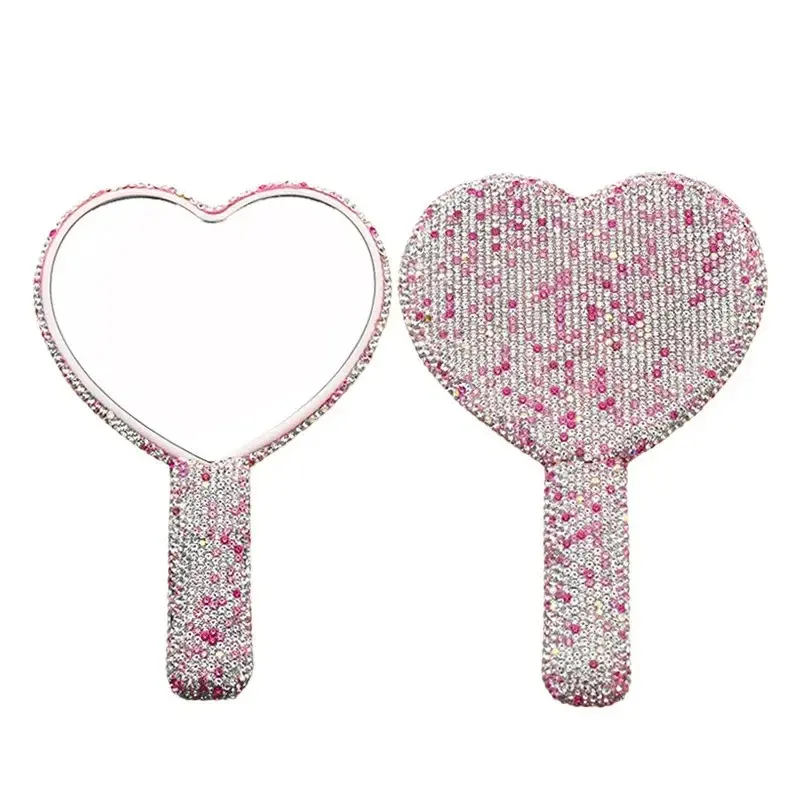 Diamond Eyelash Extension Handheld Makeup Mirror Heart Shape Vanity Mirror with Handle Pink Rhinestone Design Purse Stuffers