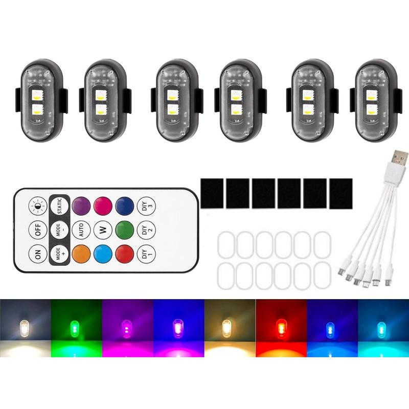 6PCS Wireless Led Strobe Lights with Remote Control 8 Colors USB Rechargeable Waterproof Emergency Lights Rock Light Flashing Light for Car Motorcycle Aircraft Scooter Truck Drone Vehicle