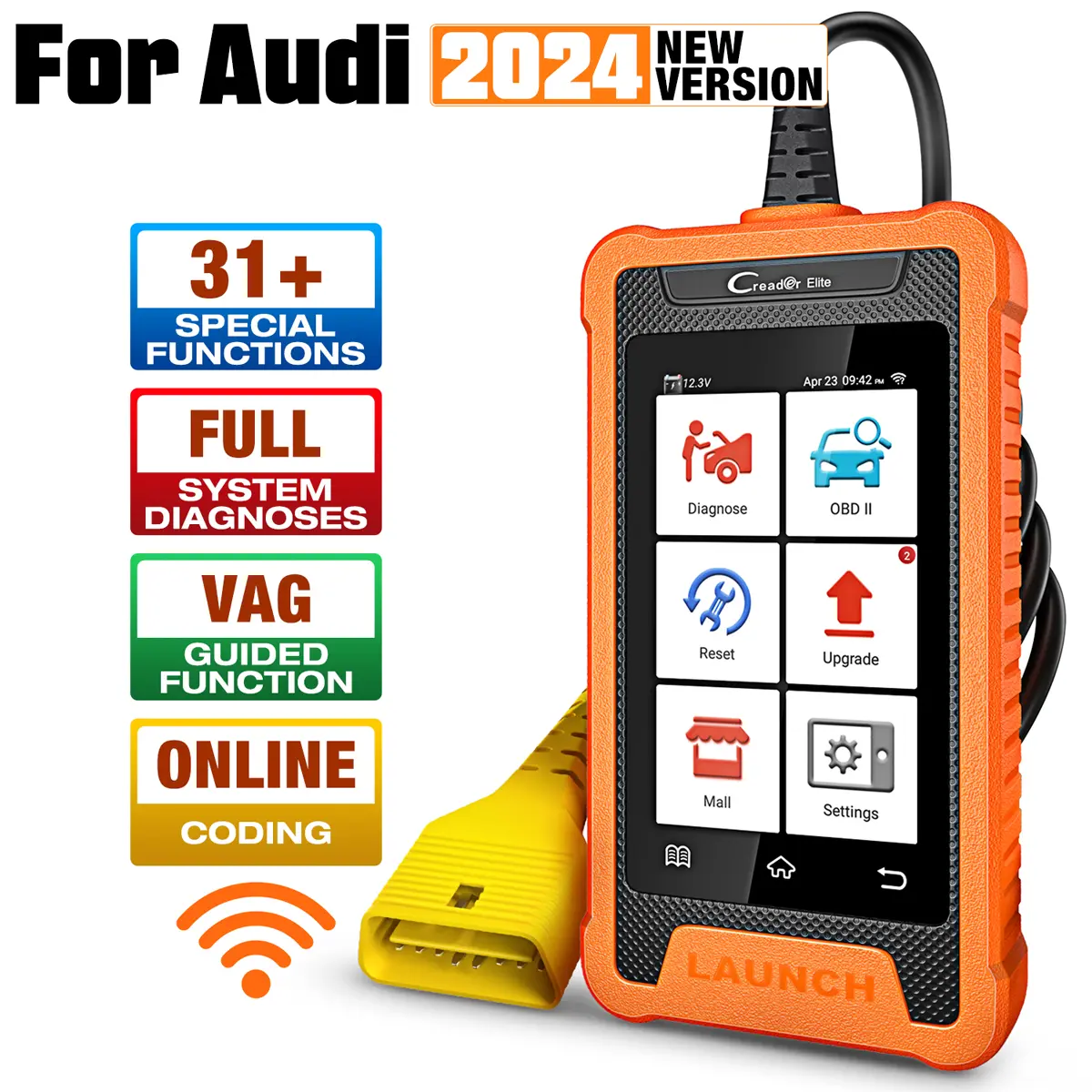 Launch Creader Elite OBD Scanner for Audi, Automotive Bi-Directional Scan Tool, Full System Diagnostic Tool, 31+ Services, Online Coding, AutoVIN, WiFi Update, Automotive Scan Tool