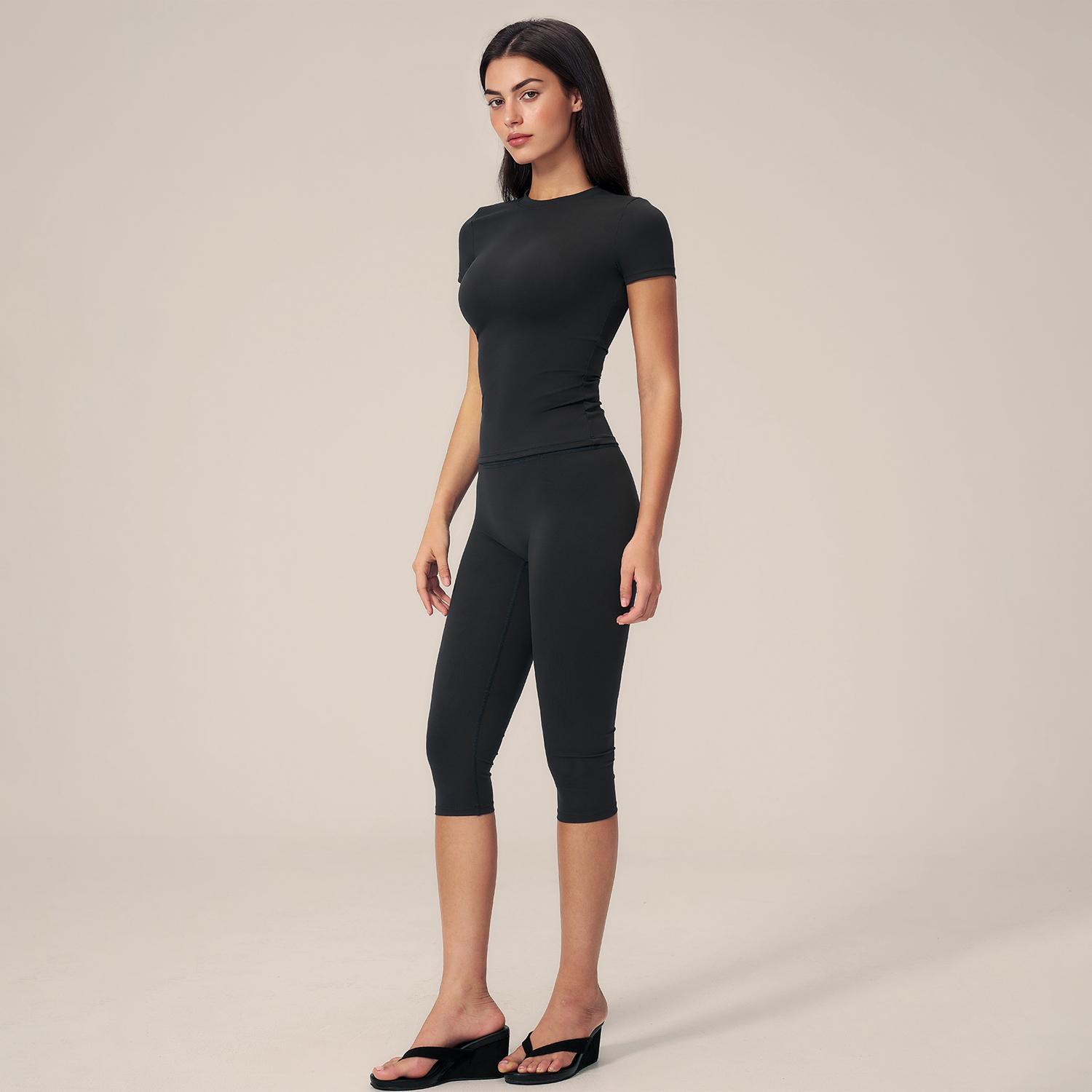 TIMEOFF Women's 2-Piece Yoga Activewear Set - Short Sleeve Round Neck Workout Top, High Waist Capri Leggings with Butt Lifting, Soft Stretchy, Sweat Wicking, Non-See-Through for Gym, Running, Daily Casual, Two Piece Set