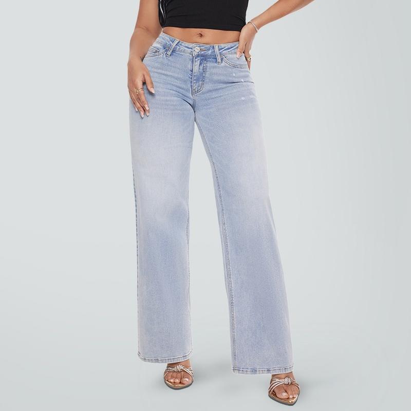 SHAPUM Mid-low Rise Women Baggy Jeans Casual Stretchy Loose Fit Straight Leg Jeans Distressed Pocket Wide Leg Long Denim Pants Comfortable Casual Floor-Length Trousers XS-XL