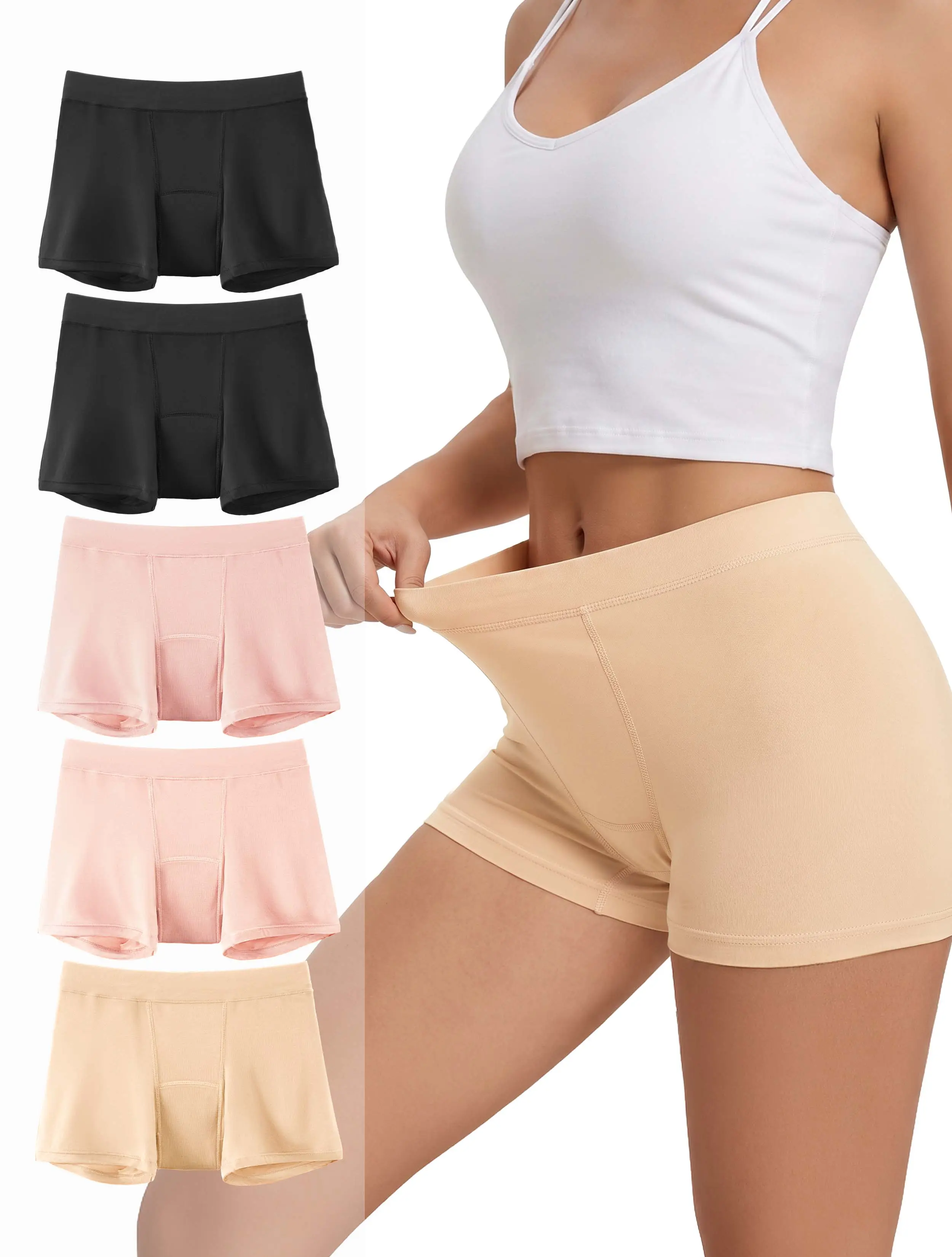 TIICHOO Women's Reusable Loose Rayon Basic Leg Incontinence Underwear, Washable Leak-Proof Bladder Protective Boyshorts, 5 Pack, Breathable, Day, Soft, Lady, Fabric, Panties