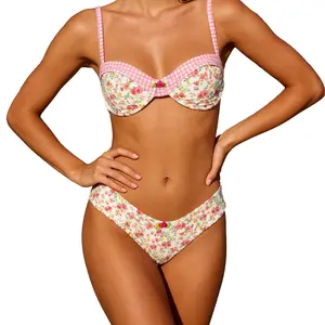 PHAX Underwire Balconette Bikini Set Floral Gingham Print Tummy Control V-Front Slimming Adjustable Straps Soft Stretchy Quick-dry Fully Lined Vintage Charm Women's Summer Beachwear