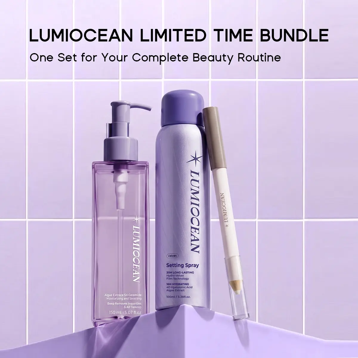 【TikTok Shop Exclusive】LUMIOCEAN Hydrating Glow Mist Makeup Fixing Spray,Cleansing Oil,2-in-1 Dual Micro Contour & Highlight Pencil Makeup - 4D Hyaluronic Acid, 20-Hour Oil Control, 16-Hour Deep Hydration,