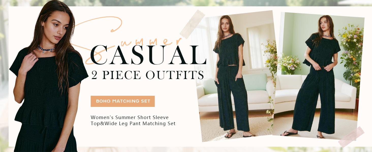 WoodBerry Women's 2-Piece Smocked Top & Wide-Leg Pants Set–High-Waisted Lounge  Outfit with Pockets Casual Boho Matching Set Minimalist Basic Crewneck Clothes Suits Fitted