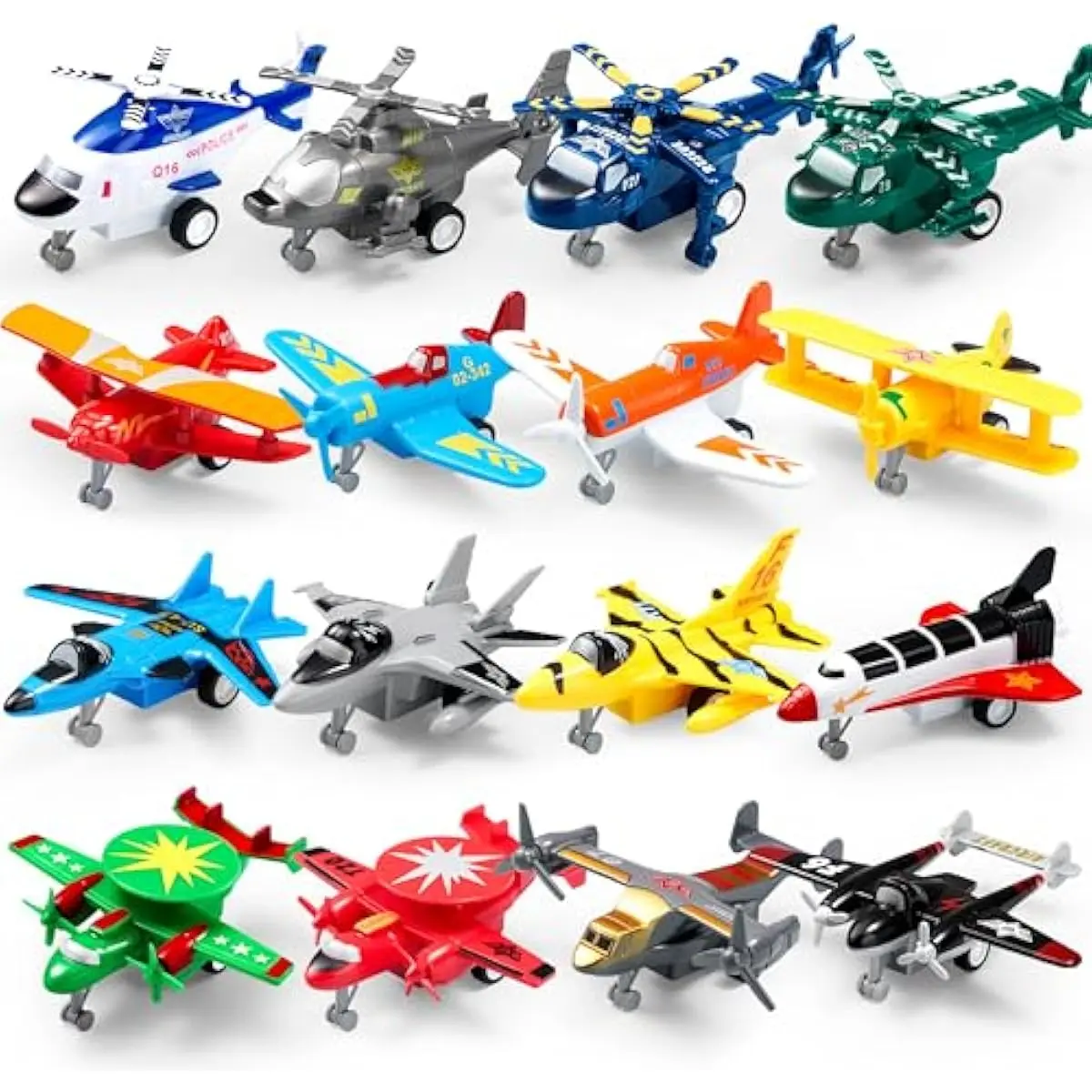 16 Pcs Pull Back Airplane Toys, Boys Plane Playset, Aircraft Incl Helicopter, Fighter, Bomber, Gifts for Toddler Kids 3+ Years Old, Treasure Box Toys for Classroom