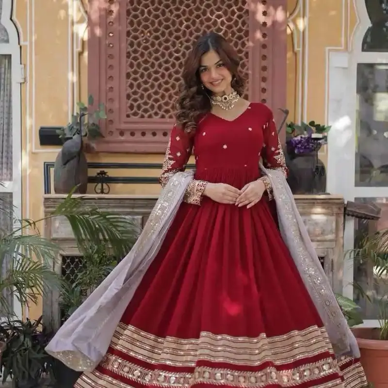 anarkali set with a V-neck and a light gray sequin-embellished dupatta.
