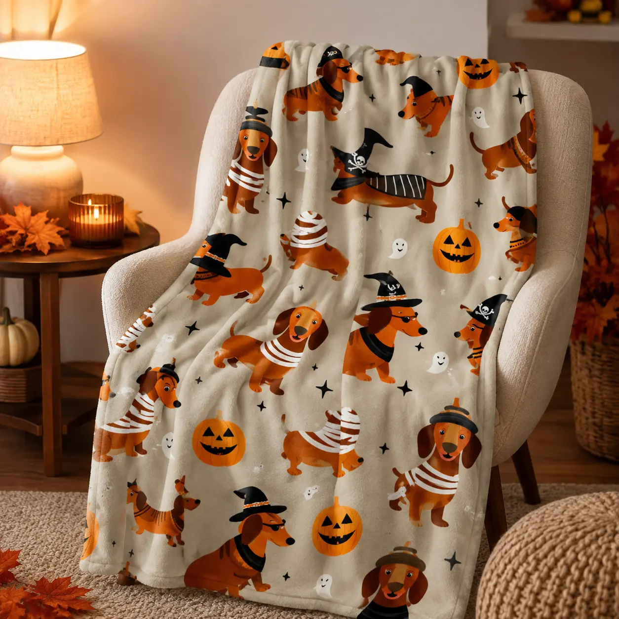 Whimsical Halloween Dachshund Pumpkin Ghost Flannel Throw Blanket - Soft Fuzzy Plush Flannel Fabric, Cozy Warm, Multi-Size, for Couch & Bed, Fall Holiday Gift for Dog Lovers, Cottagecore Decor