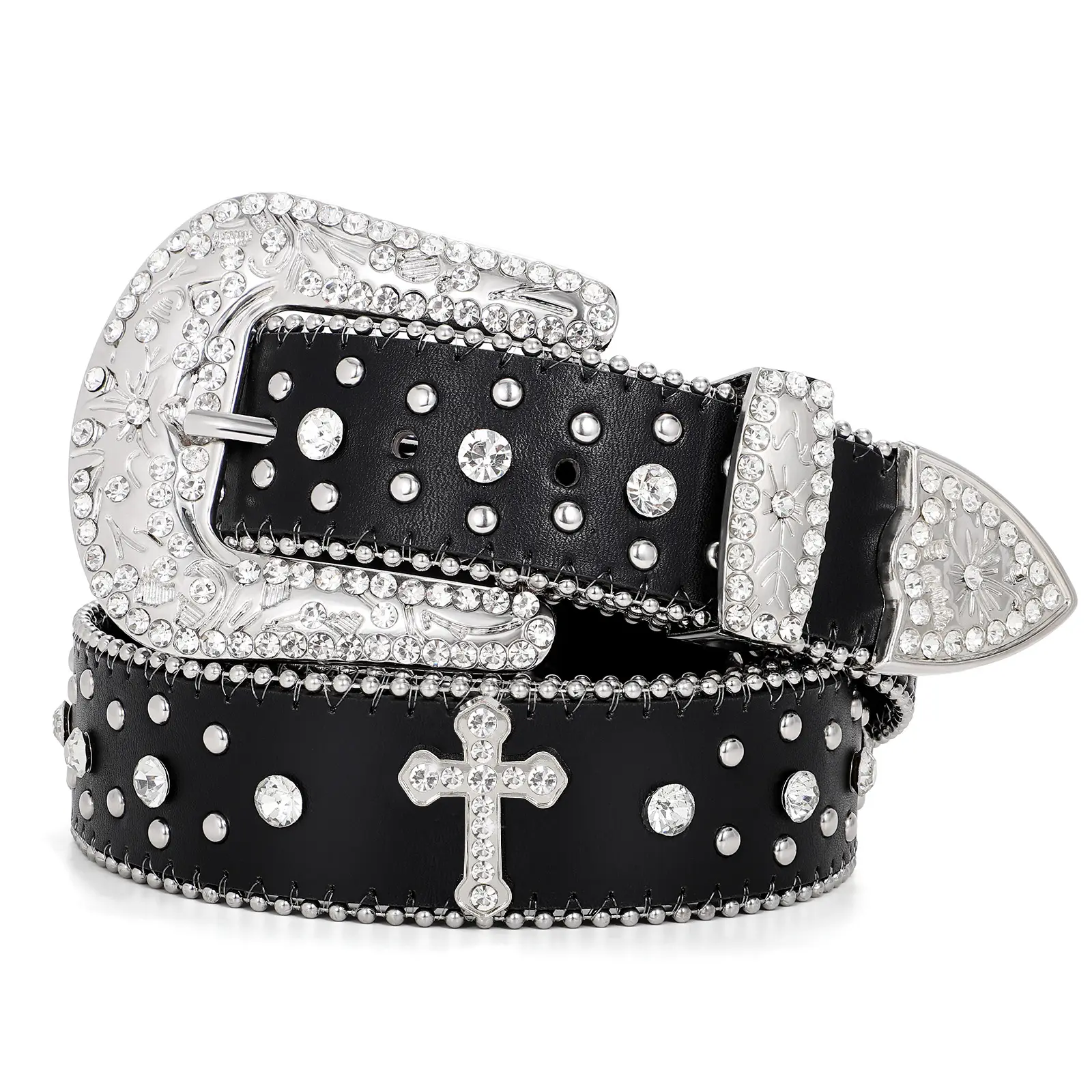 XZQTIVE Unisex Cross-Design Leather Rhinestone Belt - Sparkling Western Cowgirl Cowboy Bling Style, Studded Belt Buckle, Fashion-Fusion Accessory for Jeans & Dresses, Sparkling Western Belt,clothes for back to school,first day of school outfits