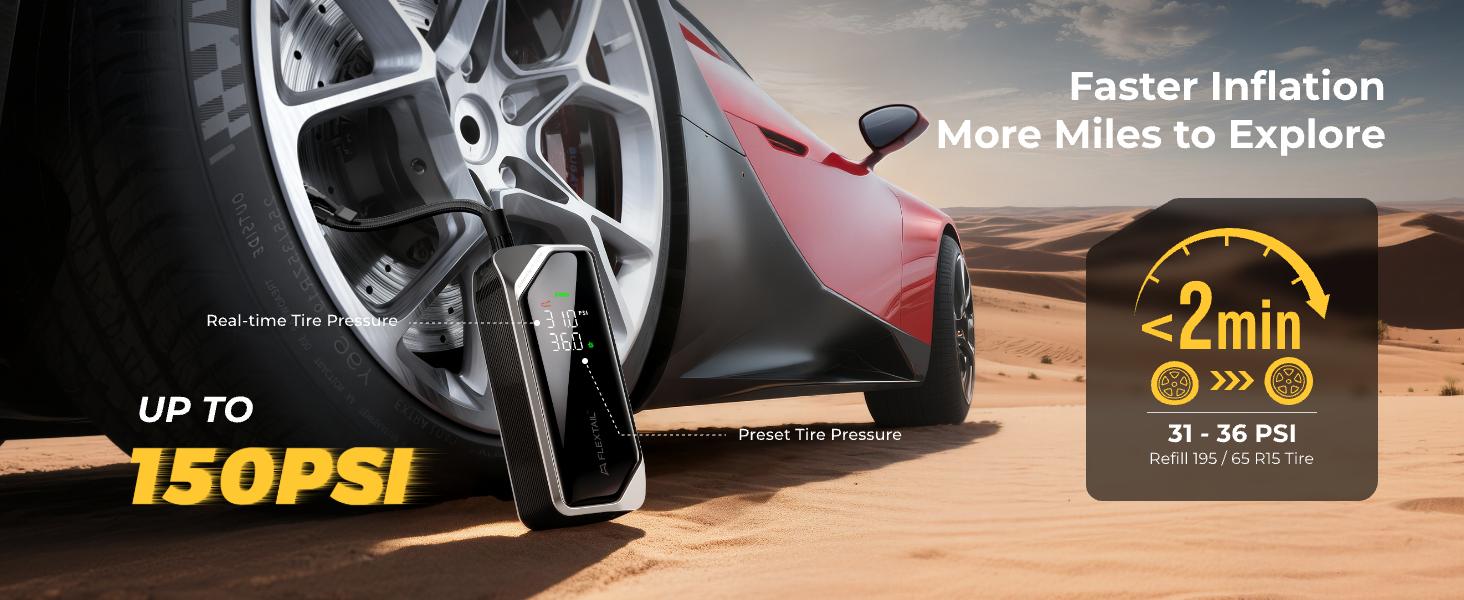 FLEXTAIL 150PSI Tire Inflator Portable Air Compressor, Knob Pressure Control, with 2.5D Curved Screen, Fast Air Compressor for Car, Bike & Inflatables — Rechargeable Air Pump with LED Display & Auto Stop