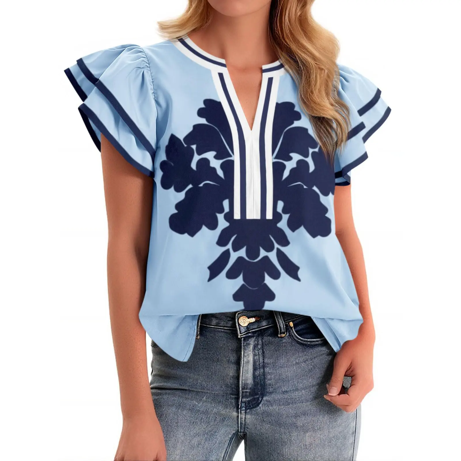 Buy 1 Get 1 Free Cicy Bell Women Ruffle Color Block Floral Print V Neck Tank Tops Summer Boho Casual Dressy, Flutter Sleeve, Loose Fit Vacation Outfits