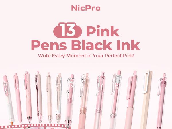 Nicpro 13Pack Pastel Gel Ink Pen Set with Case, Cute Retractable 0.5mm Fine Point Pen, 12 Pink Pens Black Ink with 1 Highlighter, Aesthetic Pens for Student Note Taking,Writing,Office Supplies (Pink)