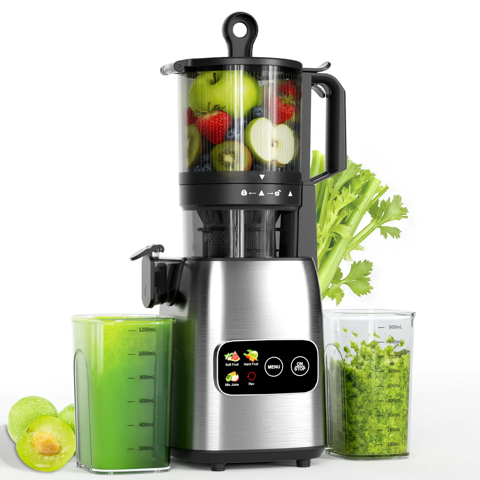 COWSAR Cold Press Juicer, 5.4" Large Feed Chute Electric Juicer Machine, High Juice Yield Slow Masticating Juicer for Whole Vegetables & Fruits, Easy Assemble & Cleaning