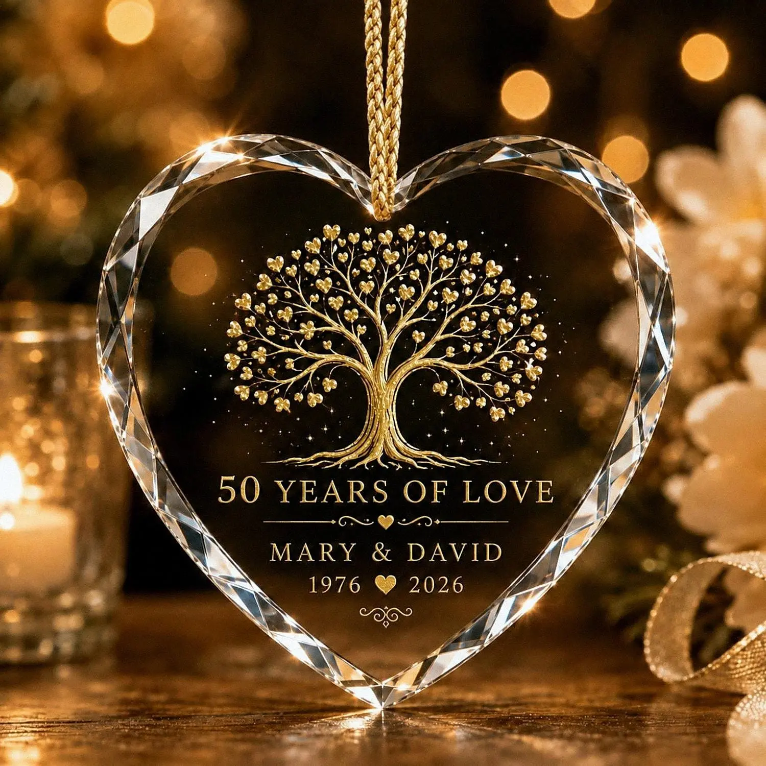 Custom Golden Anniversary Glass Ornament, 50th Wedding Anniversary Gift, Tree of Life Heart Keepsake, Parents Gift, 2026 Milestone Keepsake
