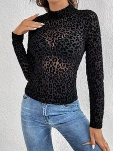 Women's Sexy Leopard Print Long Sleeve T-Shirt - Stretchy Mesh Top with Fitted Waist, Semi-Sheer Round Neck Blouse for Spring/Fall, Machine Washable, Leopard Print Blouse, Spring Fall Clothing, Formfitting Silhouette