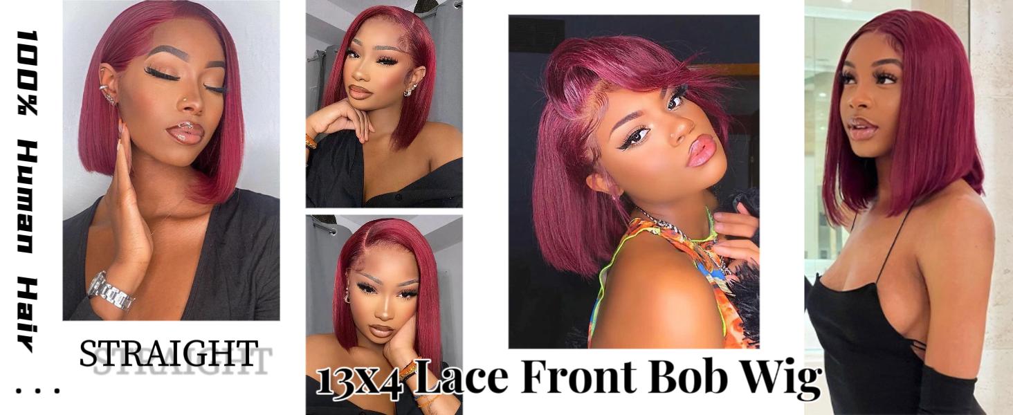 Human HaIr Wigs 13x4 Lace Front Wigs for Black Women 99j Burgundy Bob Wig  Straight Burgundy Human Hair Pre Plucked 180% Density Transpaent Lace Frontal Wig 99j Short Bob 10 inch